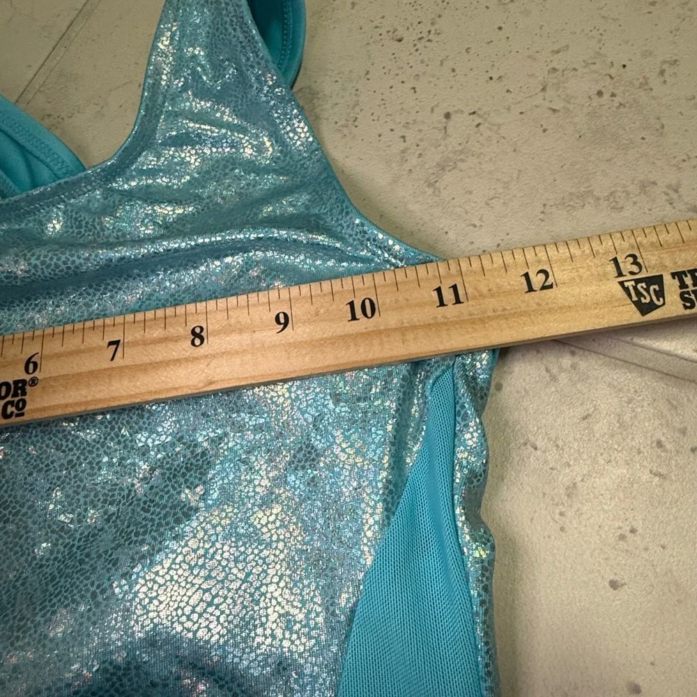More Than Magic Girls Teal Shimmer Foil Gymnastics Leotard Crisscross Back M 7/8